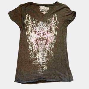 2000s Fifth Sun V-Neck Graphic Tee Size Medium Grey Pink Cross Fleur de Lis Y2K